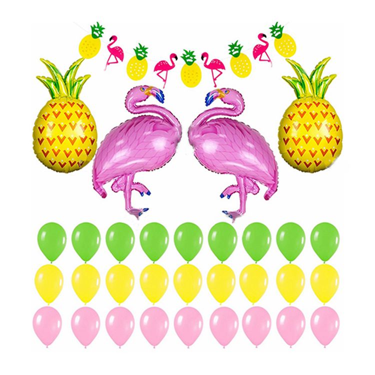 32Pcs Set Cute Paper Banner Green Yellow Pink Latex Balloons Flamingo Pineapple Foil  Party Decorations Balloons