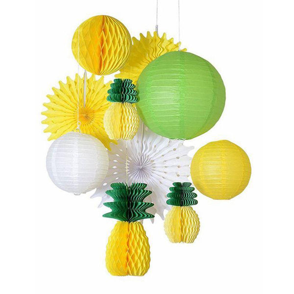 10Pcs Set Paper Yellow Pineapple Honeycomb Balls Lanterns Fans Fancy Fresh Party Supplies