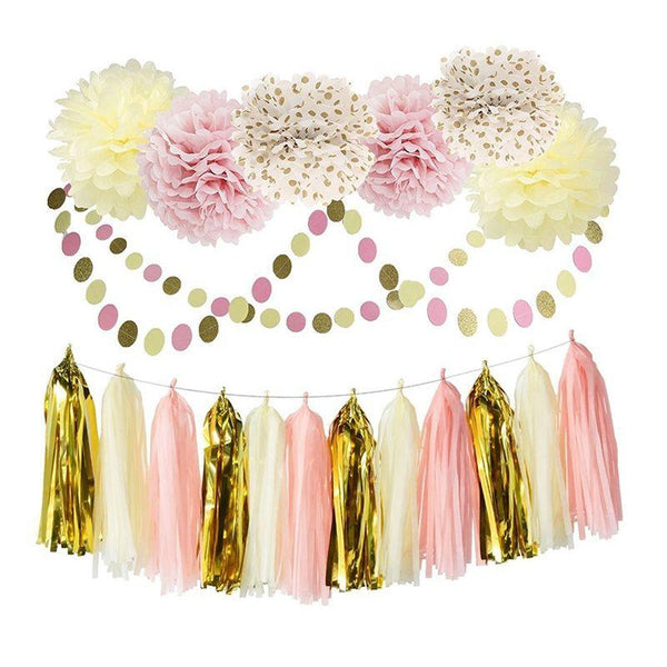 9Pcs Set Pink Tissue Paper Flowers And Tassel Garland Birthday Celebration Party Decorations