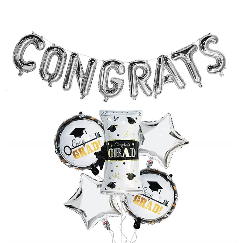 6Pcs Set Silver Foil CONGRATS Letter Star Round Balloons Graduation Celebration Party Decorations