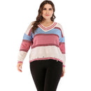 Fashion Color Blocking Design Casual Lady Plus Size V Neck Pullover Sweater