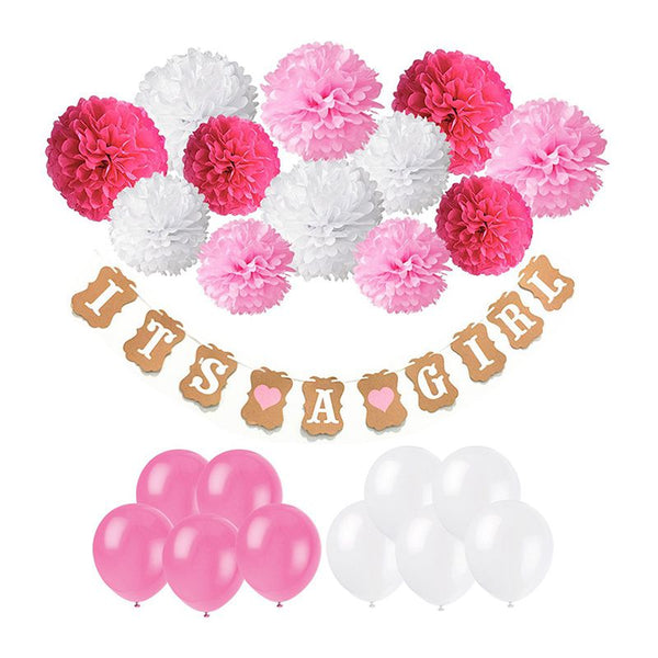 33Pcs Set Baby Shower Paper IT'S A BOY Or A GIRL Garland Pom Poms And Pretty Latex Balloons Set