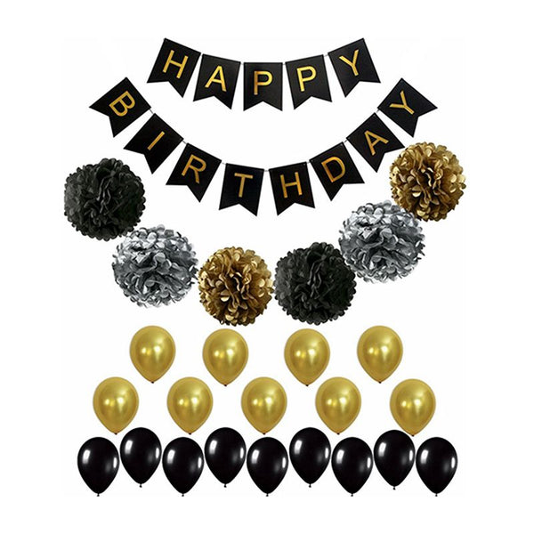 25Pcs Set Paper Black Gold HAPPY BIRTHDAY Banner Pom Poms And Latex Round  Party Decorations Balloons