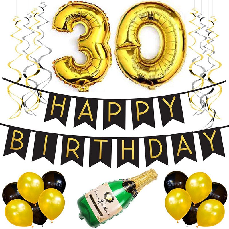 24Pcs Set Black HAPPY BIRTHDAY Banner And Gold Foil Champagne Bottle Number Birthday Party Balloons