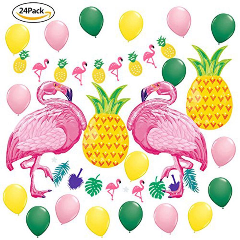 24Pcs Set Paper Flamingo Pineapple Tropical Leaves Banner And Foil Balloons Theme Birthday Party Supplies