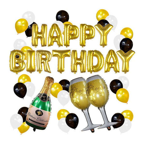 49 Pcs Set Gold Foil HAPPY BIRTHDAY Letter Champagne Bottle Glasses Adult Party Supplies Balloons