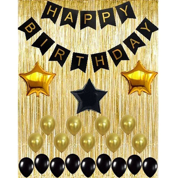 23Pcs Set Black Paper Happy Birthday Banner  Gold Shiny Curtains And Foil Star Party Decoration Balloons
