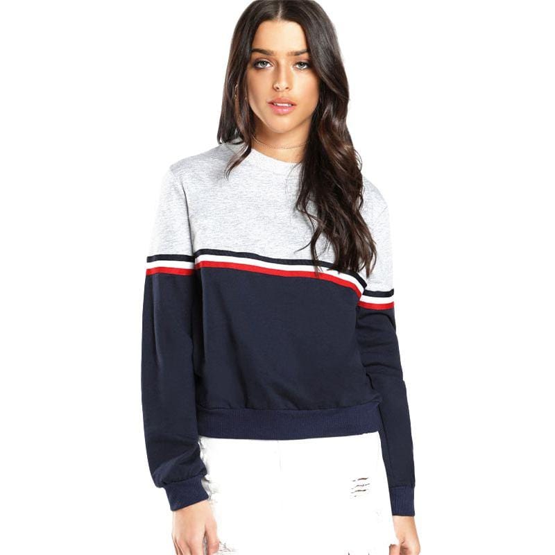 Women Casual Style Trendy Color Blocking Design Round Neck Pullover Sweatshirt
