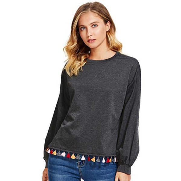 Casual Style Loose Pattern Women Long Sleeves Sweatshirt With Tassel