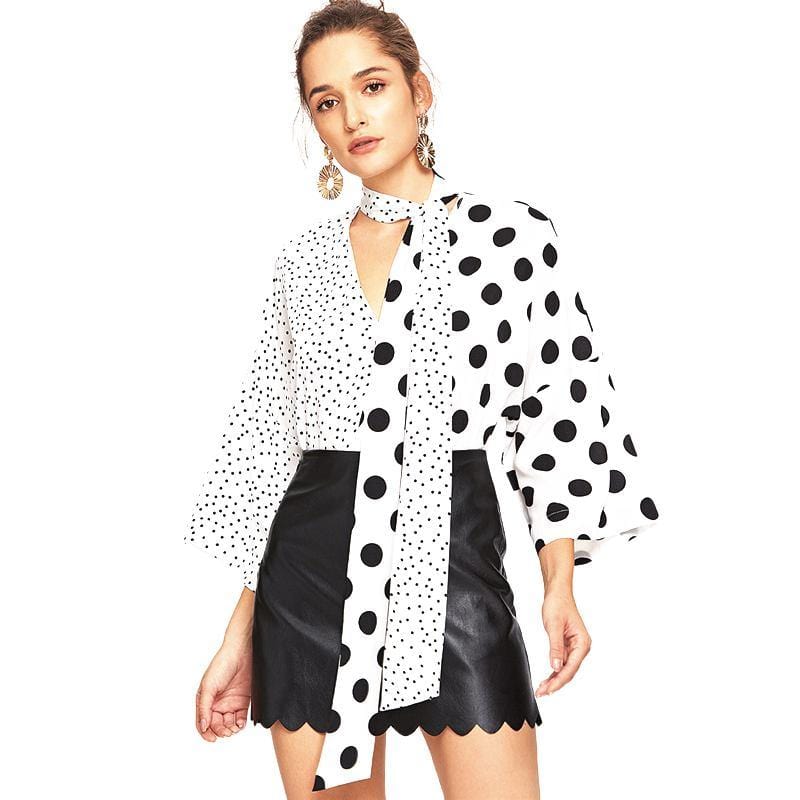 Office Lady Unique Asymmetric Design Polka Dot Print Lace-up Blouse