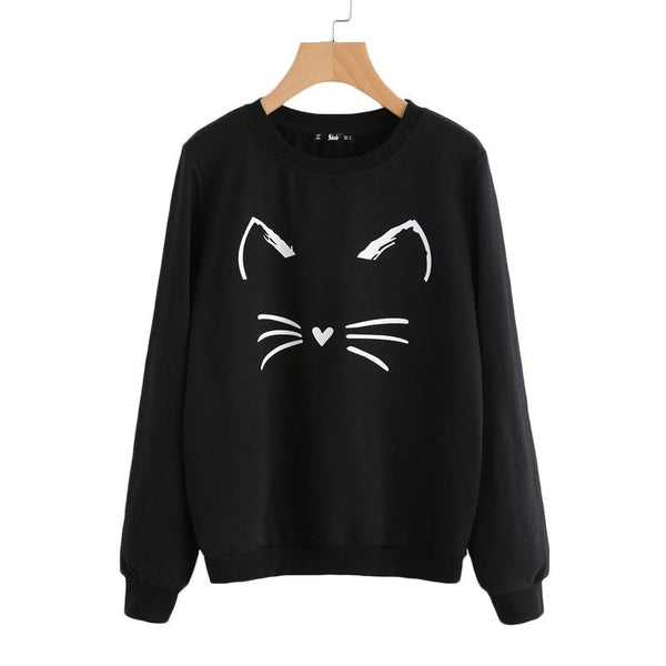 Fashion Young Lady Cute Kitty Printed Round Neck Pullover Sweatshirt