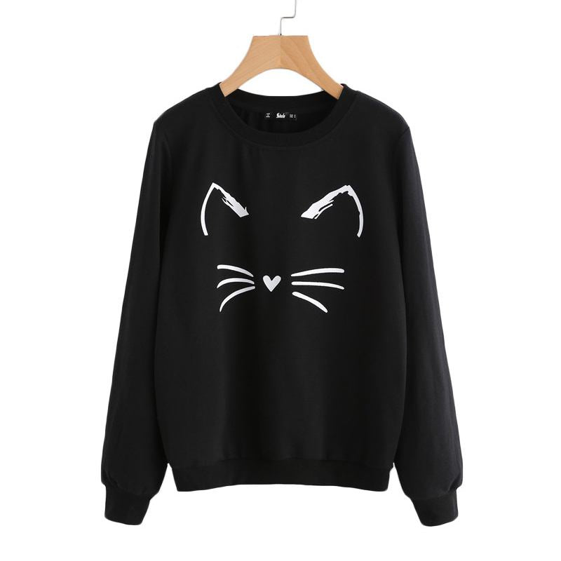 Fashion Young Lady Cute Kitty Printed Round Neck Pullover Sweatshirt