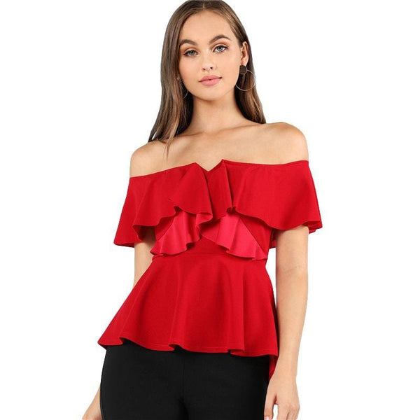 Sexy Off-shoulder Design Women Solid Color Short Sleeves Blouse