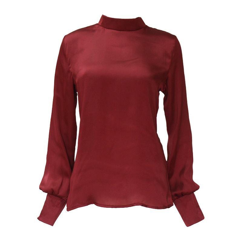 Women Fashion Office Wear Solid Chiffon Turtleneck Bishop Sleeves Blouse