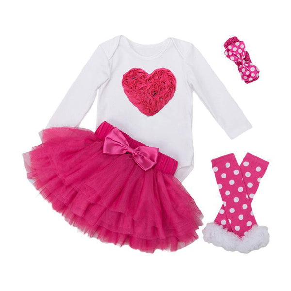 4 Pcs Set Baby Girls Cotton Soft Long Sleeves Bodysuit And Pink Tutu Skirt And Dots Printed Leggings And Bowknot Headband