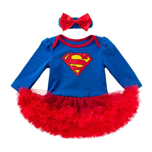 2 Pcs Set Baby Girls Cotton Superman Printed Long Sleeves Patchwork Skirt Bodysuit With Bowknot Headband