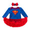 2 Pcs Set Baby Girls Cotton Superman Printed Long Sleeves Patchwork Skirt Bodysuit With Bowknot Headband