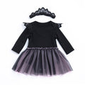2 Pcs Set Baby Girls Cotton Black Long Sleeves Patchwork Gray Skirt With Lace Headband