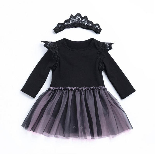 2 Pcs Set Baby Girls Cotton Black Long Sleeves Patchwork Gray Skirt With Lace Headband