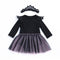 2 Pcs Set Baby Girls Cotton Black Long Sleeves Patchwork Gray Skirt With Lace Headband