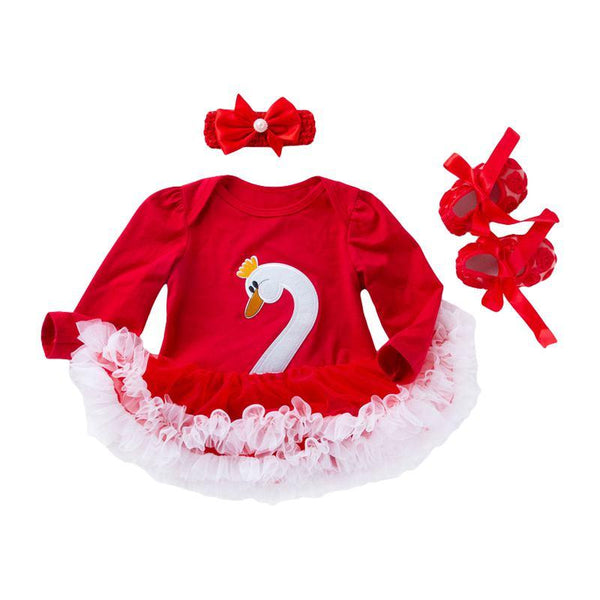 3 Pcs Set Baby Girls Cotton Pretty Swan Pattern Long Sleeves Patchwork Bodysuit And Cute Floral Shoes With Headband