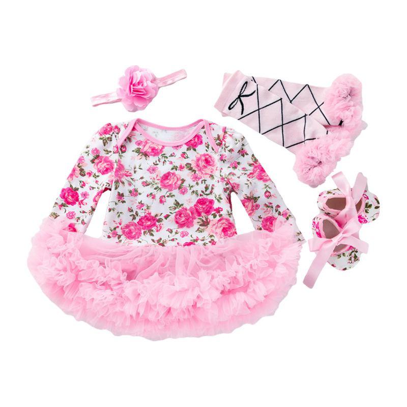 4 Pcs Set Baby Girls Cotton Floral Printed Long Sleeves Patchwork Bodysuit And Leggings And Shoes And Headband