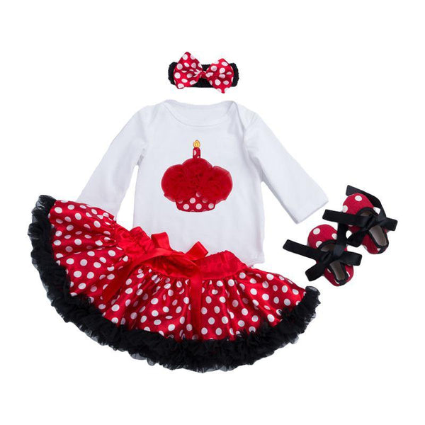 Baby Girls Cotton Cake Ice Cream Printed Bodysuit And Dots Skirt And Shoes And Headband 4 Pcs Set