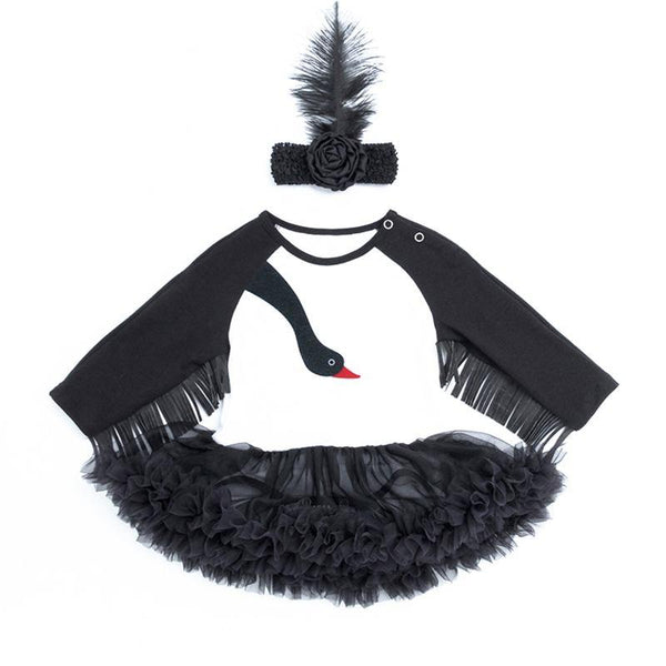 2 Pcs Set Cute Baby Girls Cotton Black Swan Pattern Long Sleeves Bodysuit And Headband