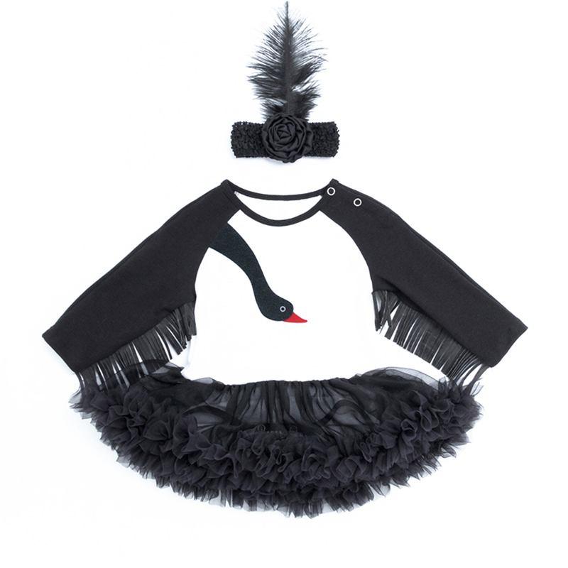 2 Pcs Set Cute Baby Girls Cotton Black Swan Pattern Long Sleeves Bodysuit And Headband