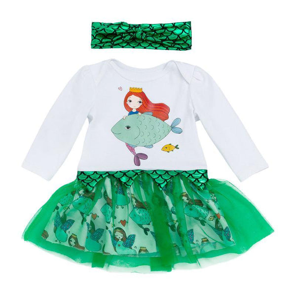 2 Pcs Set Cotton Mermaids Printed Long Sleeves Baby Girls Bodysuit With Headband