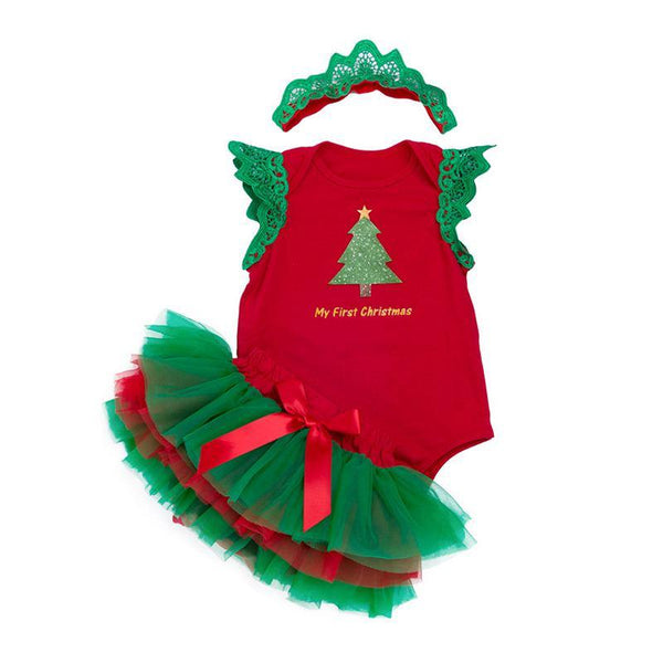 Christmas Baby Girls 3 Pcs Set Ruffle Sleeves Xmas Tree Printed Bodysuit And Tutu Skirt And Lace Headband