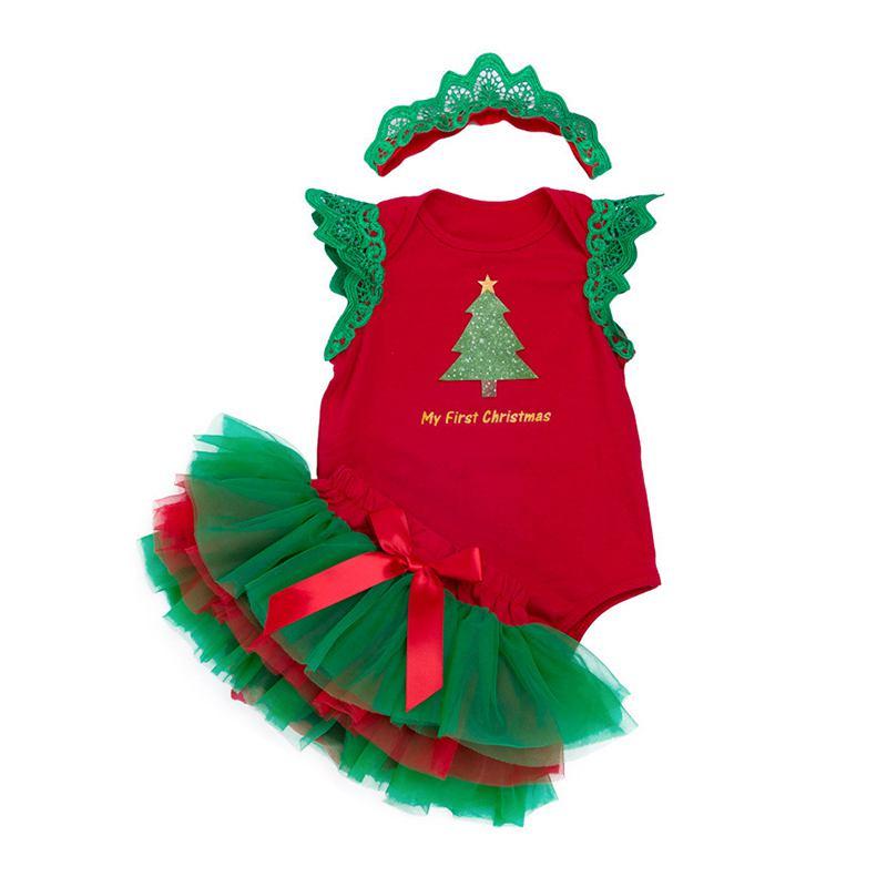 Christmas Baby Girls 3 Pcs Set Ruffle Sleeves Xmas Tree Printed Bodysuit And Tutu Skirt And Lace Headband