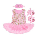 3 Pcs Set Baby Girls Cotton Sleeveless Floral Printed Patchwork Bodysuit And Shoes And Headband