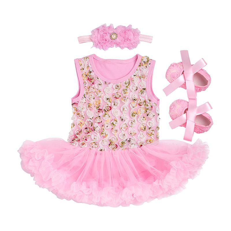 3 Pcs Set Baby Girls Cotton Sleeveless Floral Printed Patchwork Bodysuit And Shoes And Headband