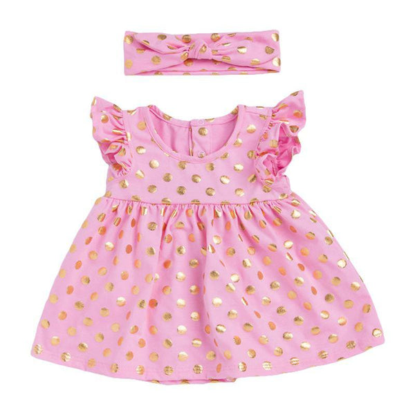 2 Pcs Set Cotton Ruffle Sleeves Printed Baby Girls Dress And Headband