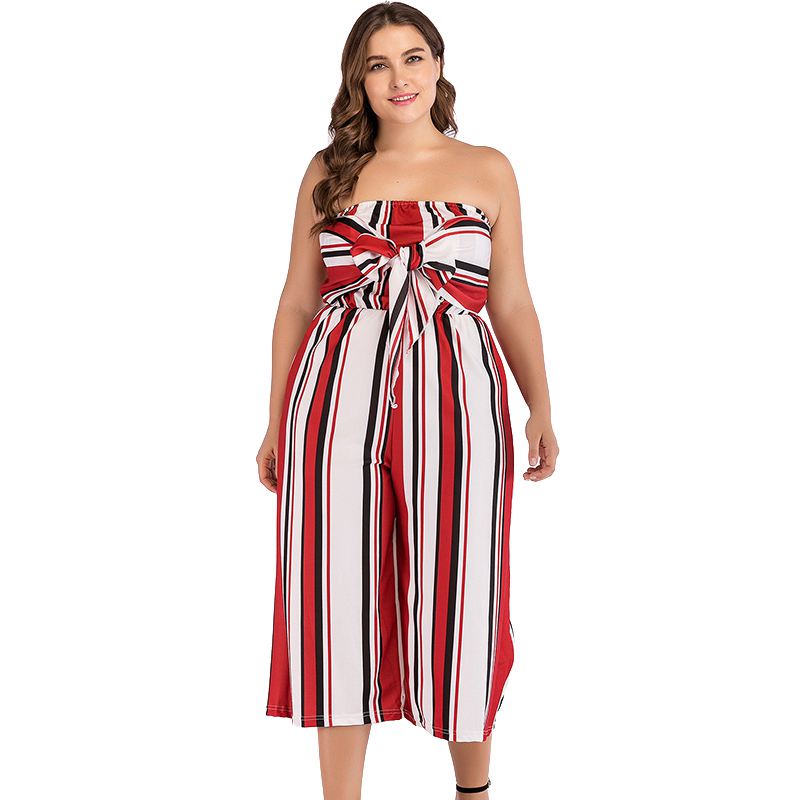 Color Blocking Stripes Pattern Women Sexy Off Shoulder Plus Size Jumpsuits