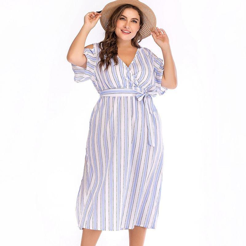 Women Freshing Style Classic Stripes Print Long Length Plus Size Dress