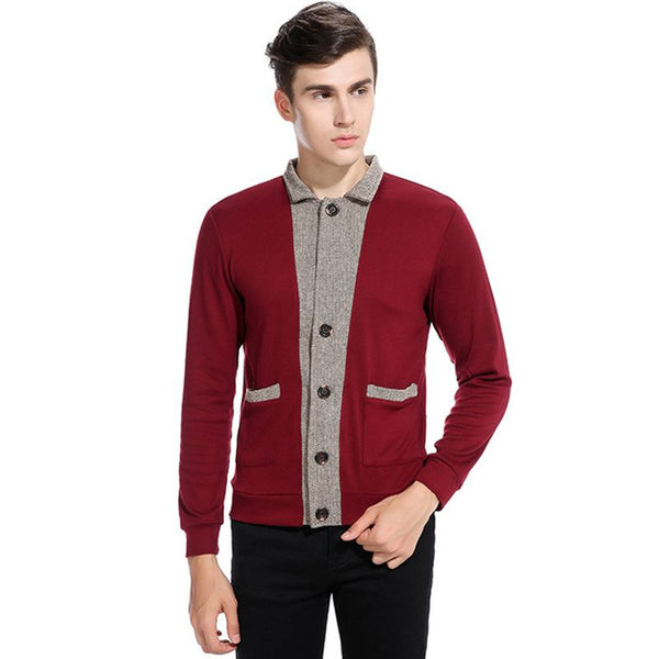 Latest Style Men Cotton Patchwork Long Sleeves Standing Collar Button Knitted Jacket