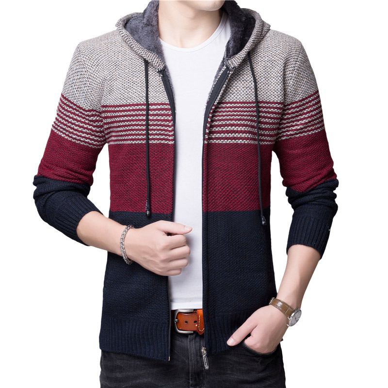 Casual Style Men Cotton Stripes Printed Long Sleeves Hooded Warm Outerwear