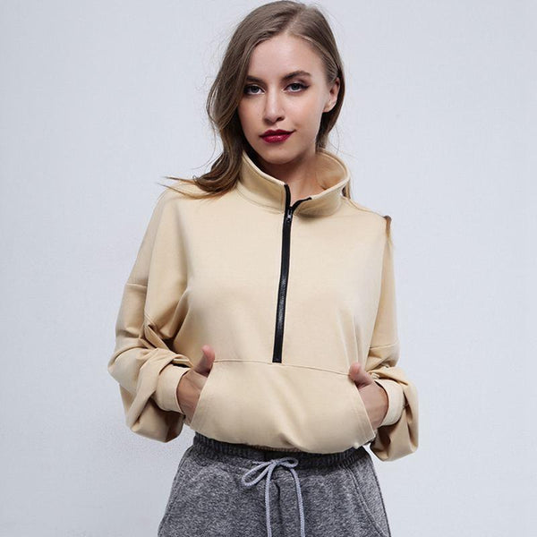 Women Autumn Winter Casual Style Turtle Neck Puff Sleeves Zipper Sweatshirt