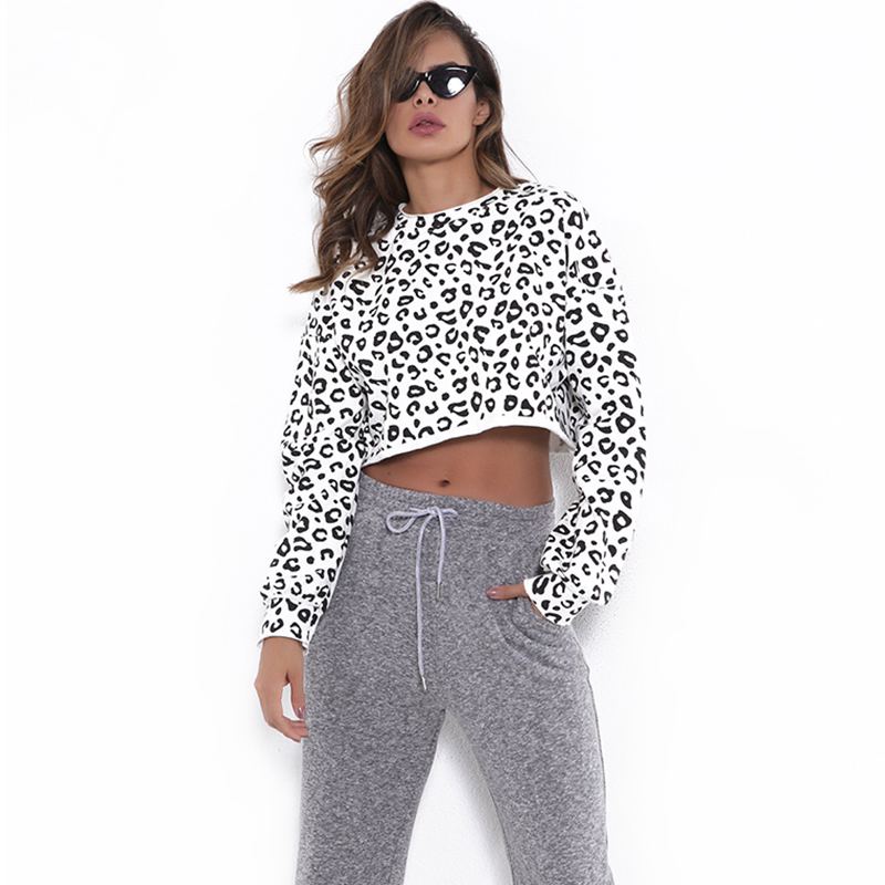 Casual Women Street Style Leopard Print Long Sleeves Crop Sweatshirt