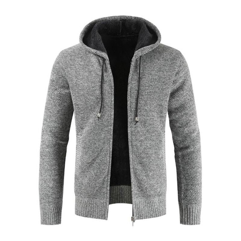 Men Thickened Cotton Long Sleeves Solid Color Zipper Hooded Knitted Coat