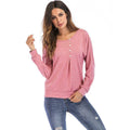 Women Classic Solid Color Long Sleeves Round Neck Pullover T-shirt