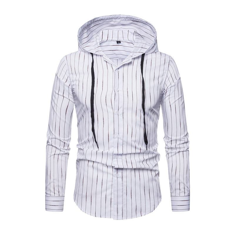 Hot Selling Men Cotton Stripes Printed Long Sleeves Casual Hooded Coat