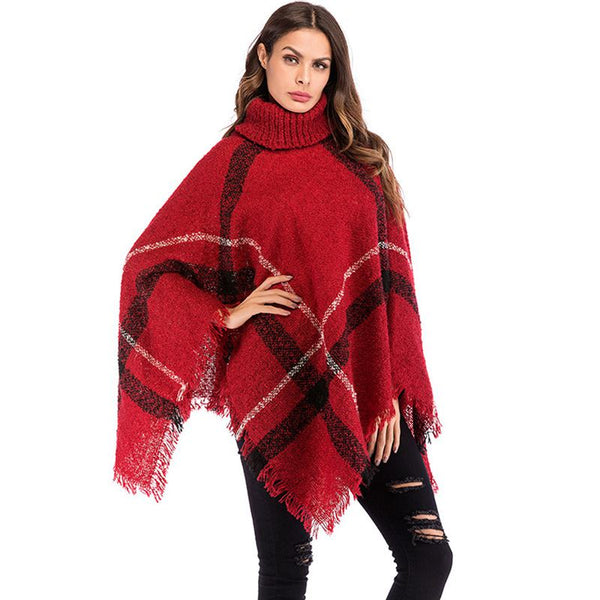 Fashion British Style Classic Plaid Design Women Turtle Neck Cloak