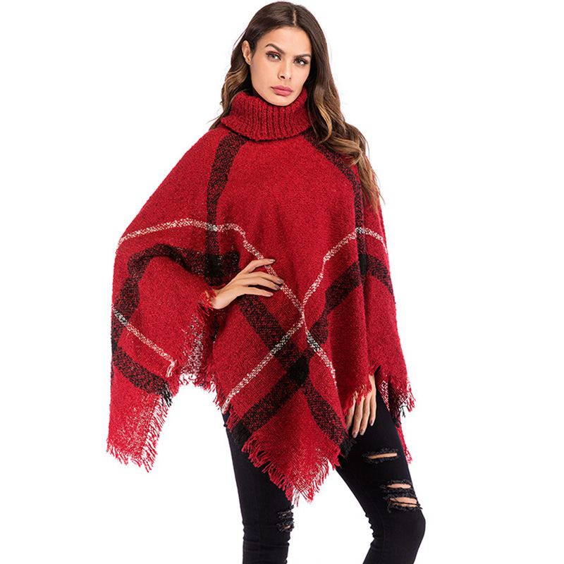 Fashion British Style Classic Plaid Design Women Turtle Neck Cloak