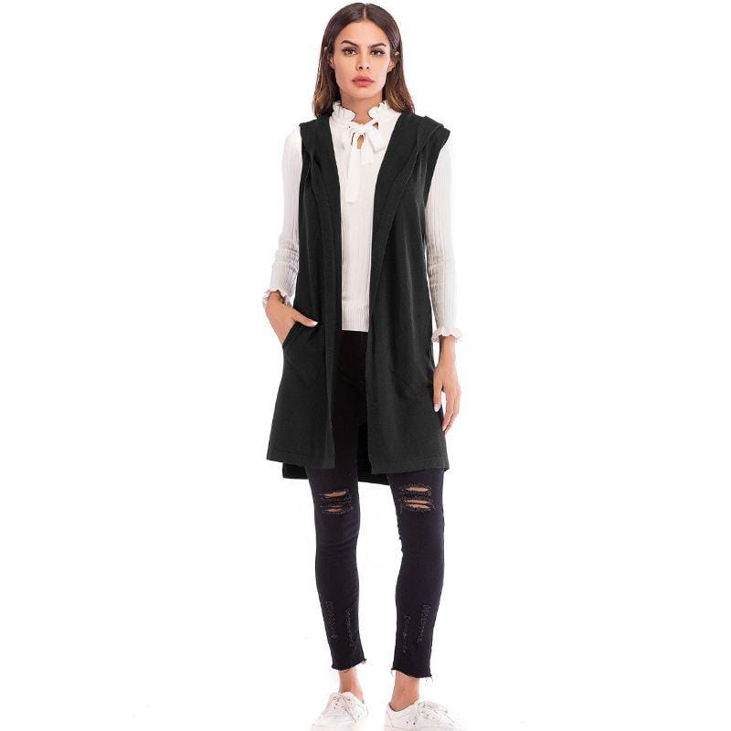 Women Fashion Solid Color Sleeveless Knitted Long Length Cardigan