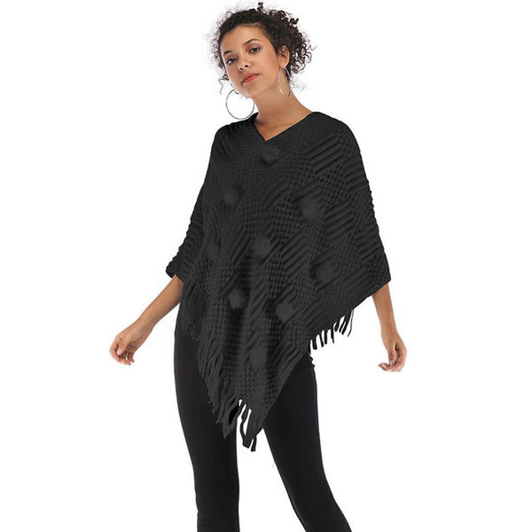 Hot Sale V Neck Solid Color Women Knitted Winter Pompom Cloak