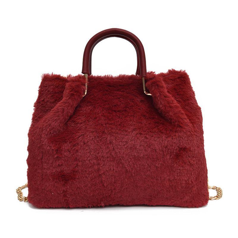 Elegant Women Chic Style Solid Color Metal Chain Handle Plush Bag