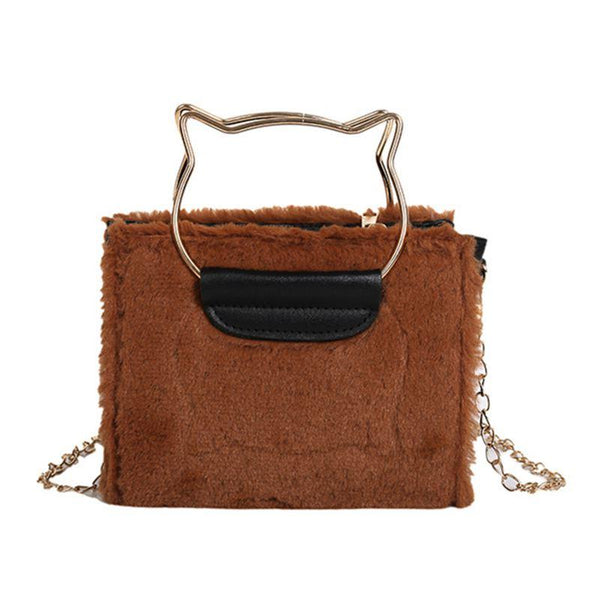 Creative Cat Shape Metal Handle Women Winter Plush Crossbody Bag